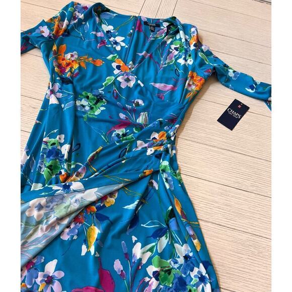 NWT Chaps cerulean blue multi color floral wrap midi dress. Poly, spandex. Sz 12 - Picture 9 of 11